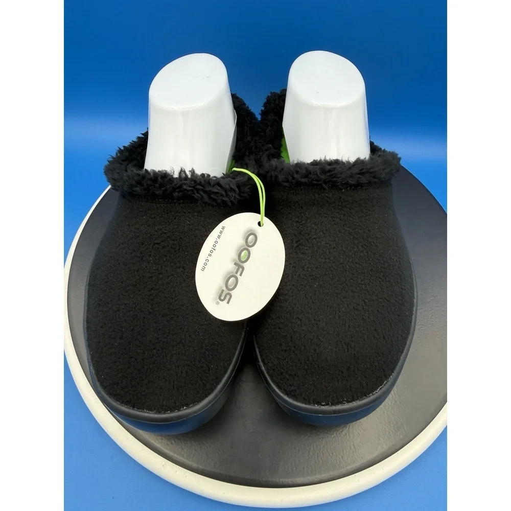 Oofos Oocoozie Mule Mens Size 8 Black Sherpa Comfort Recovery Slip‎ On Shoes